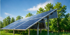 Solar panel array in a green landscape