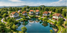 Green residential community surrounding a lake